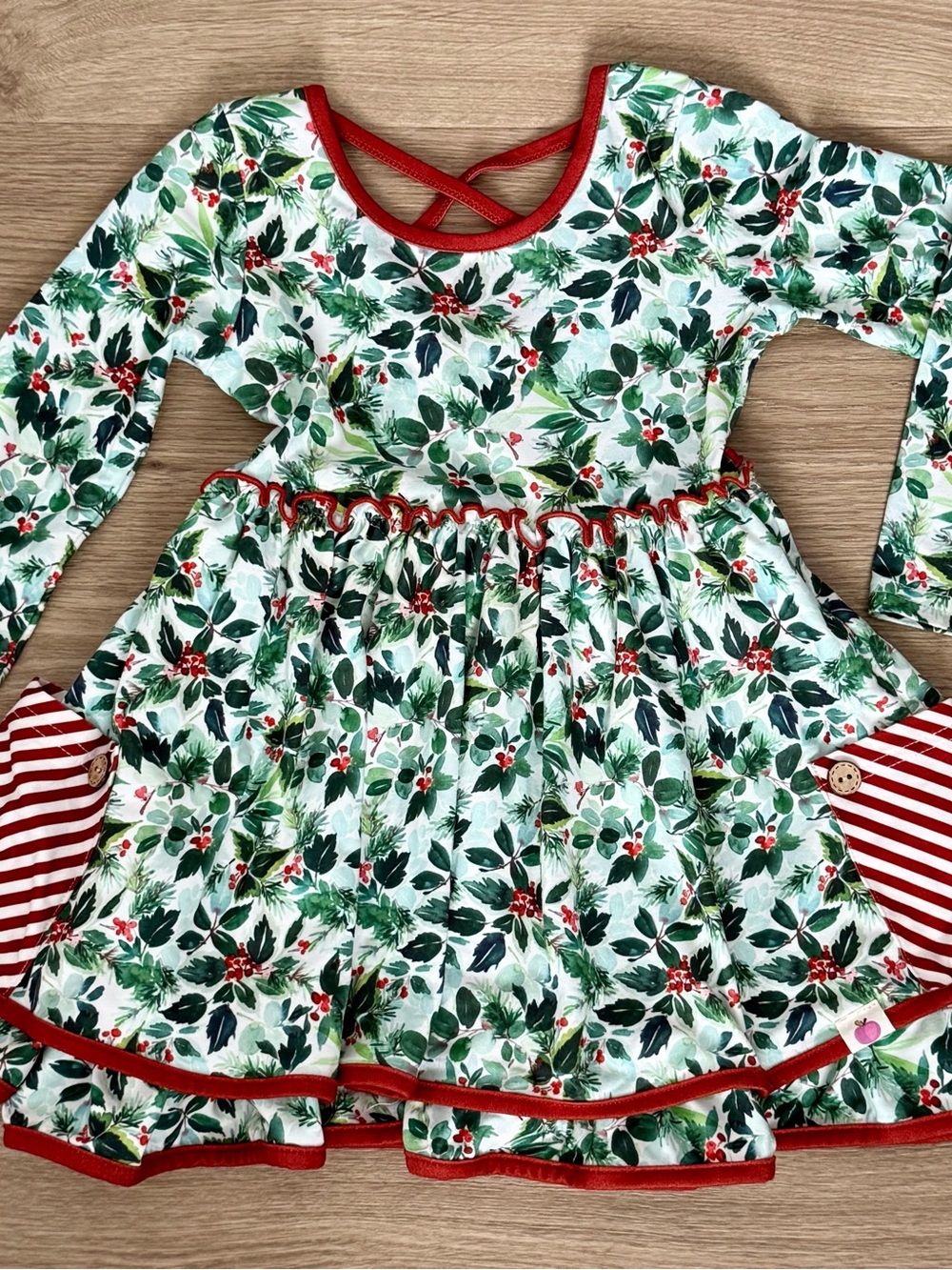 Cheeky Plum Green Holly & Red Trim Twirl Dress